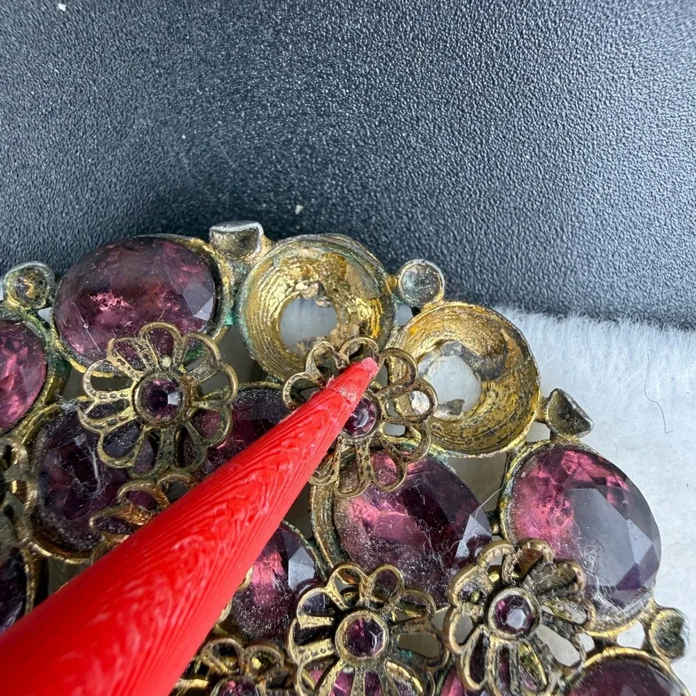 Vintage Rhinestone Brooch Gold Tone Purple Heavy WELL MADE  READ